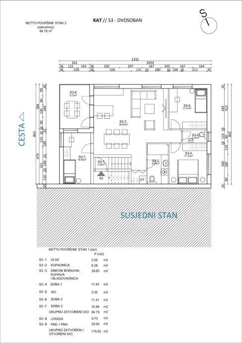 Moderan stan u urbanoj vili - novogradnja (84,79 m² + loggia 9,73 m²)